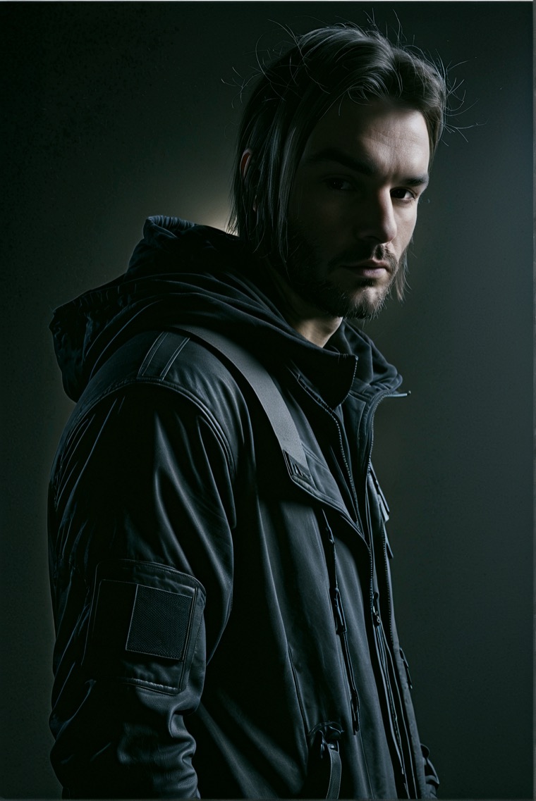Katze in a dark technical jacket for the main press portrait