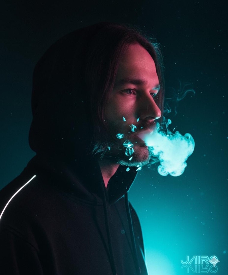 Katze side portrait with cyan smoke and magenta light