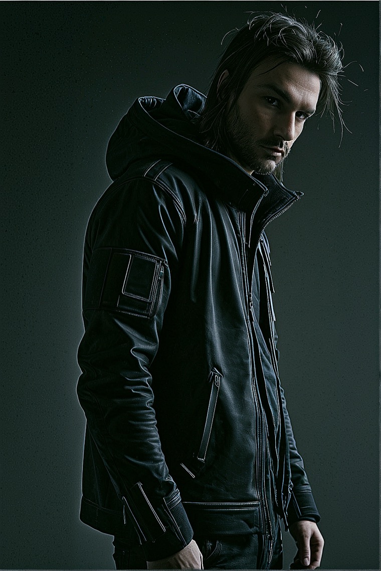 Katze full body portrait in a dark technical jacket